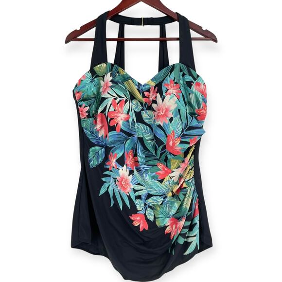 Lands End Tropical Palm Floral Halter Tugless Ruched Bustier Low Leg Modest 16 - Picture 1 of 9